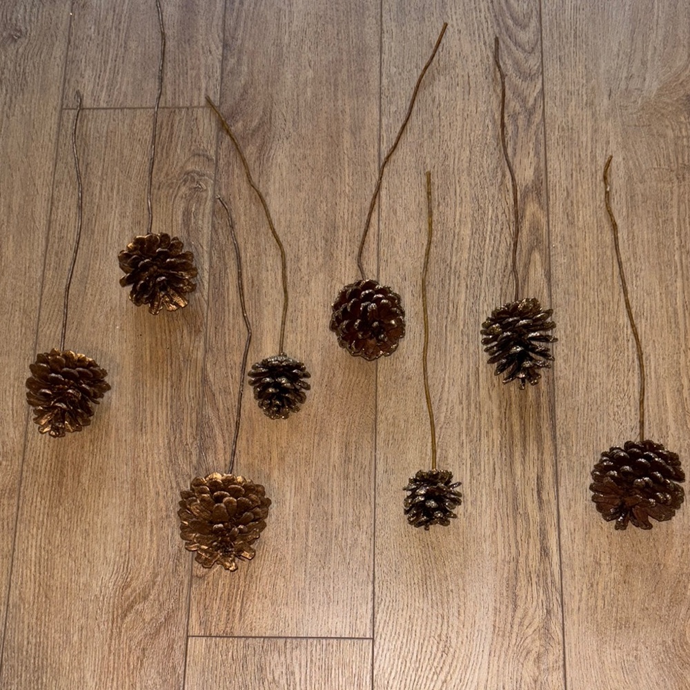 8 Gold Pinecone Holiday Ornaments with Shaping Wire